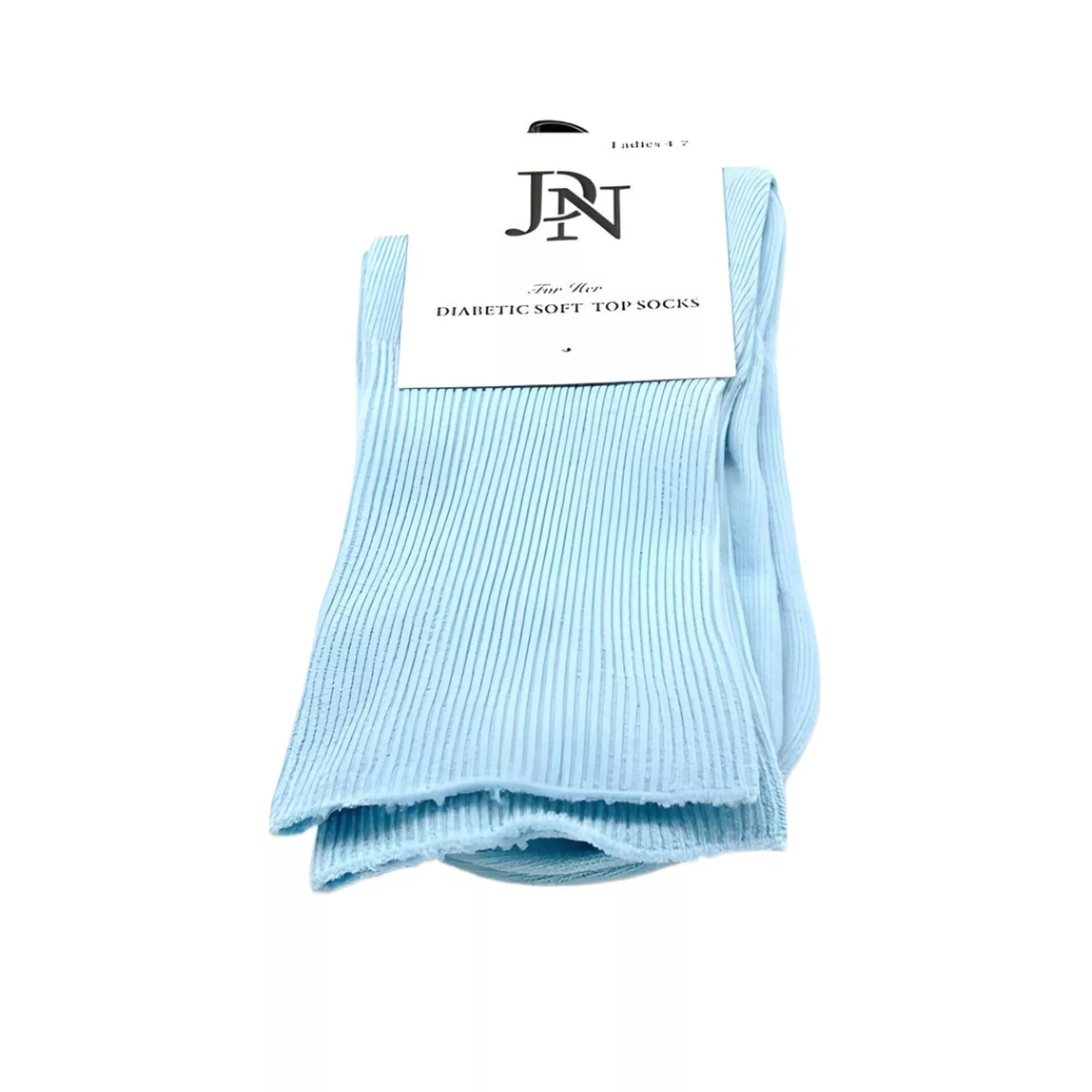 Ladies JDN branded light blue diabetic socks with non-elastic soft top for comfort and circulation support